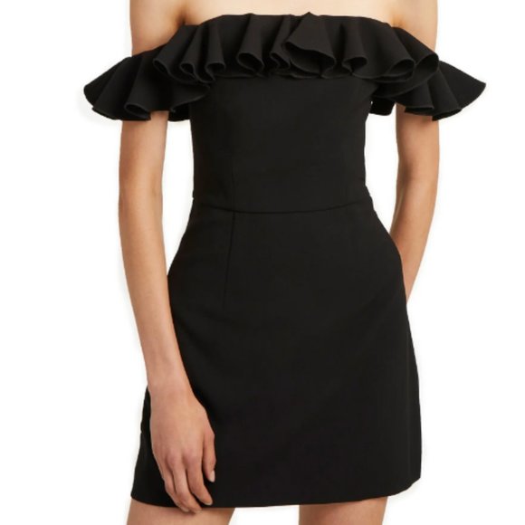 Black Whisper Light Off the Shoulder Ruffle Minidress - Picture 1 of 5